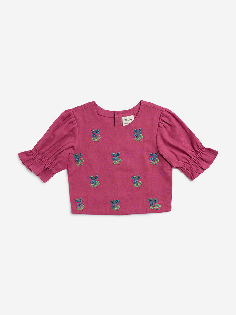 Utsa Kids Pink Floral Embroidered Cotton Blend Top - (2-8yrs)