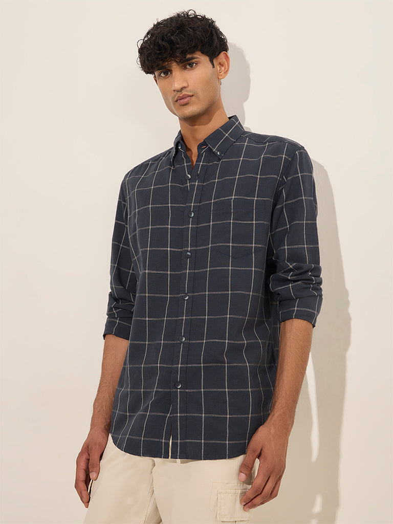 WES Casuals Navy Checkered Relaxed-Fit Cotton Shirt