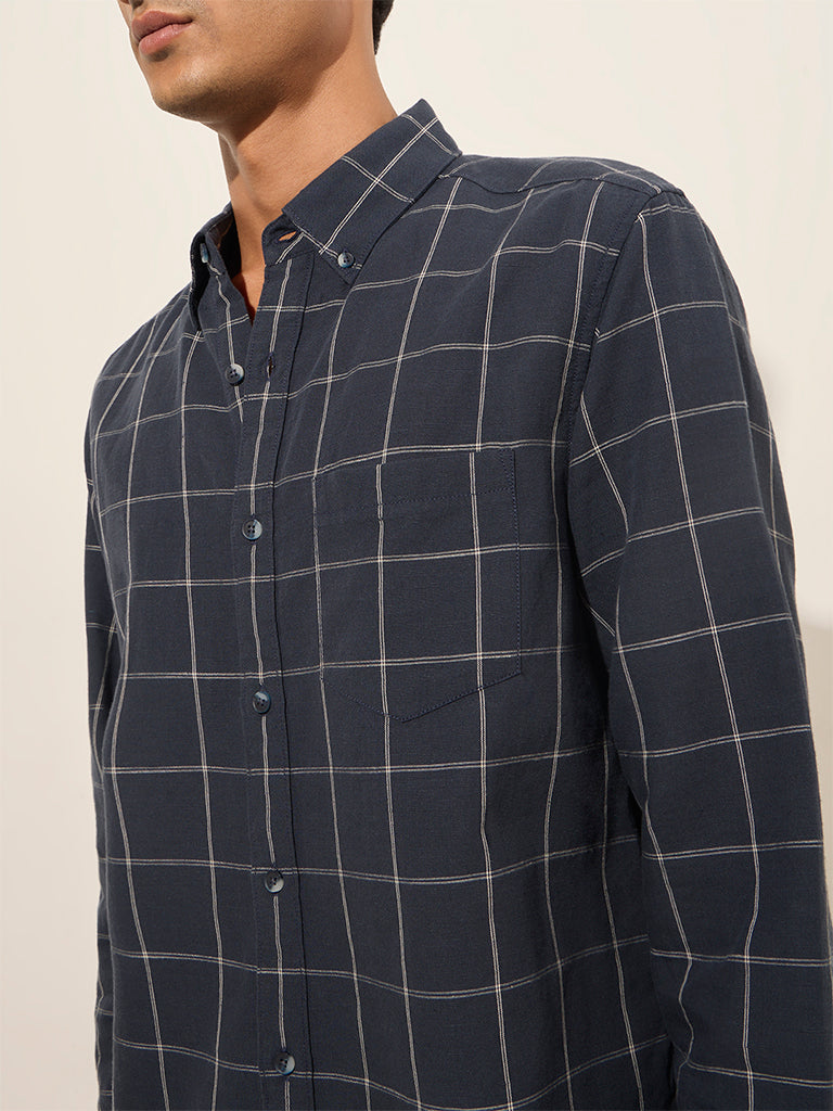 WES Casuals Navy Checkered Relaxed-Fit Cotton Shirt