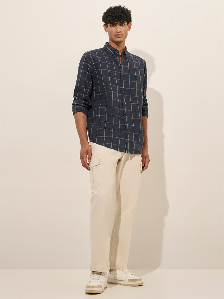 WES Casuals Navy Checkered Relaxed-Fit Cotton Shirt