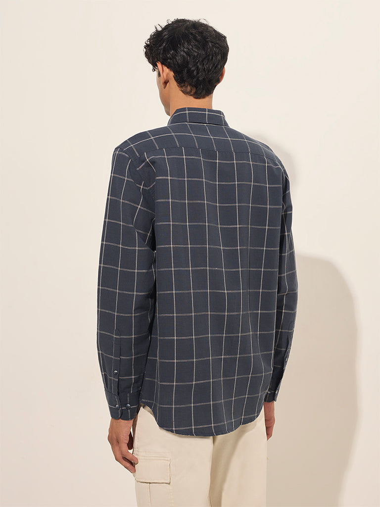 WES Casuals Navy Checkered Relaxed-Fit Cotton Shirt