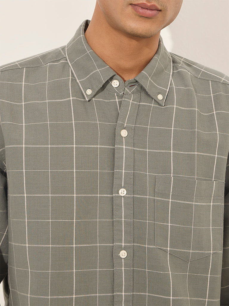 WES Casuals Olive Checkered Relaxed-Fit Cotton Shirt