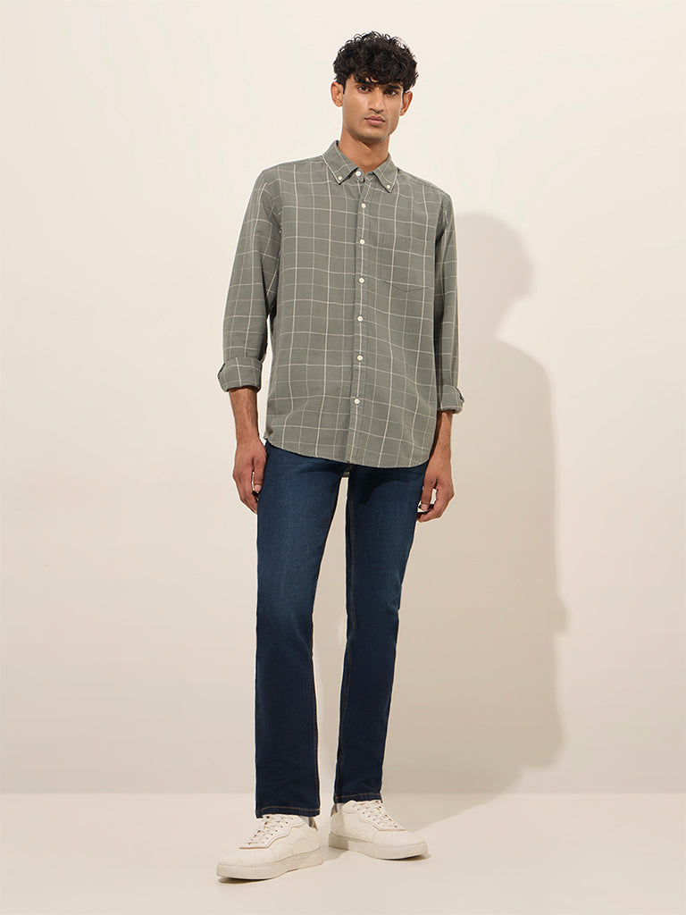 WES Casuals Olive Checkered Relaxed-Fit Cotton Shirt