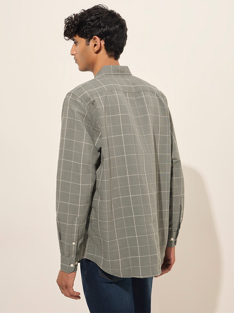 WES Casuals Olive Checkered Relaxed-Fit Cotton Shirt