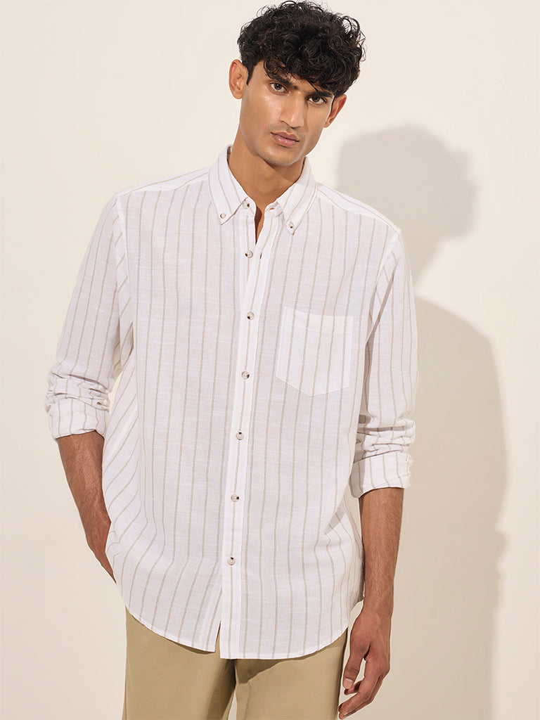 WES Casuals White Striped Relaxed-Fit Cotton Shirt