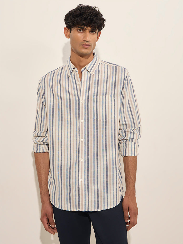 WES Casuals Multicolour Striped Relaxed-Fit Cotton Shirt