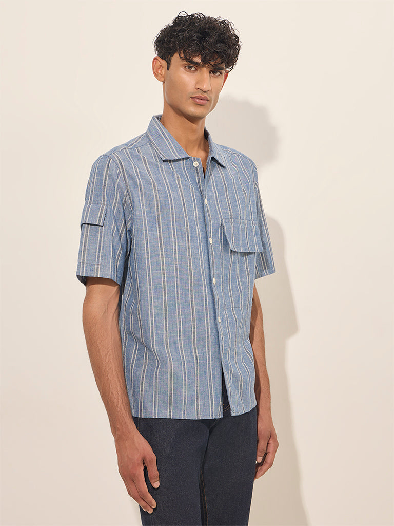 WES Casuals Blue Striped Relaxed-Fit Cotton Shirt