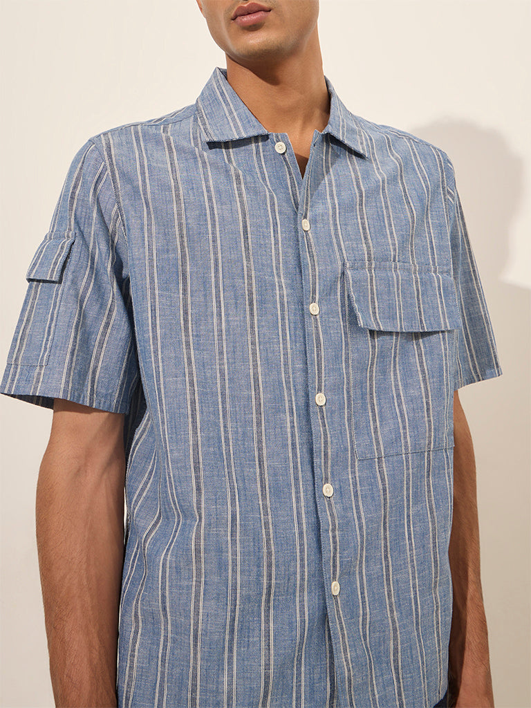 WES Casuals Blue Striped Relaxed-Fit Cotton Shirt