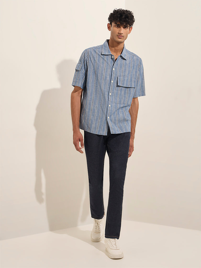 WES Casuals Blue Striped Relaxed-Fit Cotton Shirt