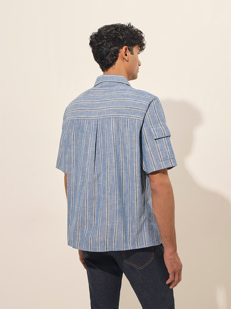 WES Casuals Blue Striped Relaxed-Fit Cotton Shirt