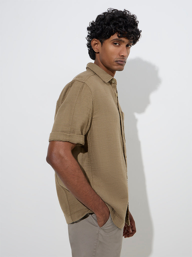 WES Casuals Khaki Solid Relaxed-Fit Cotton Shirt