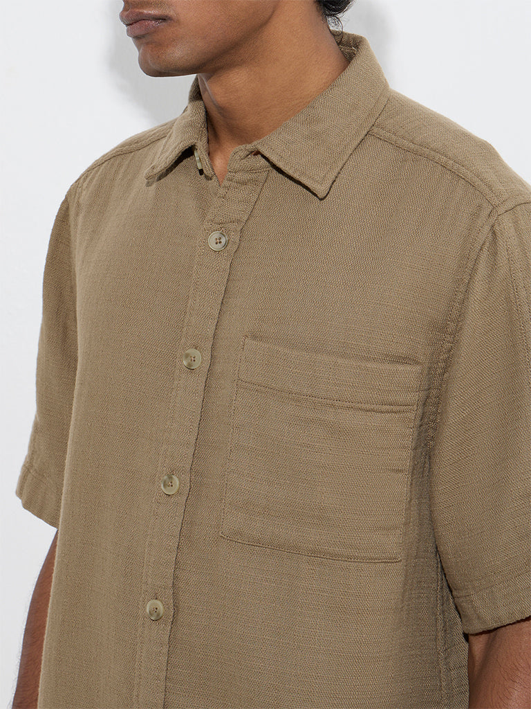 WES Casuals Khaki Solid Relaxed-Fit Cotton Shirt