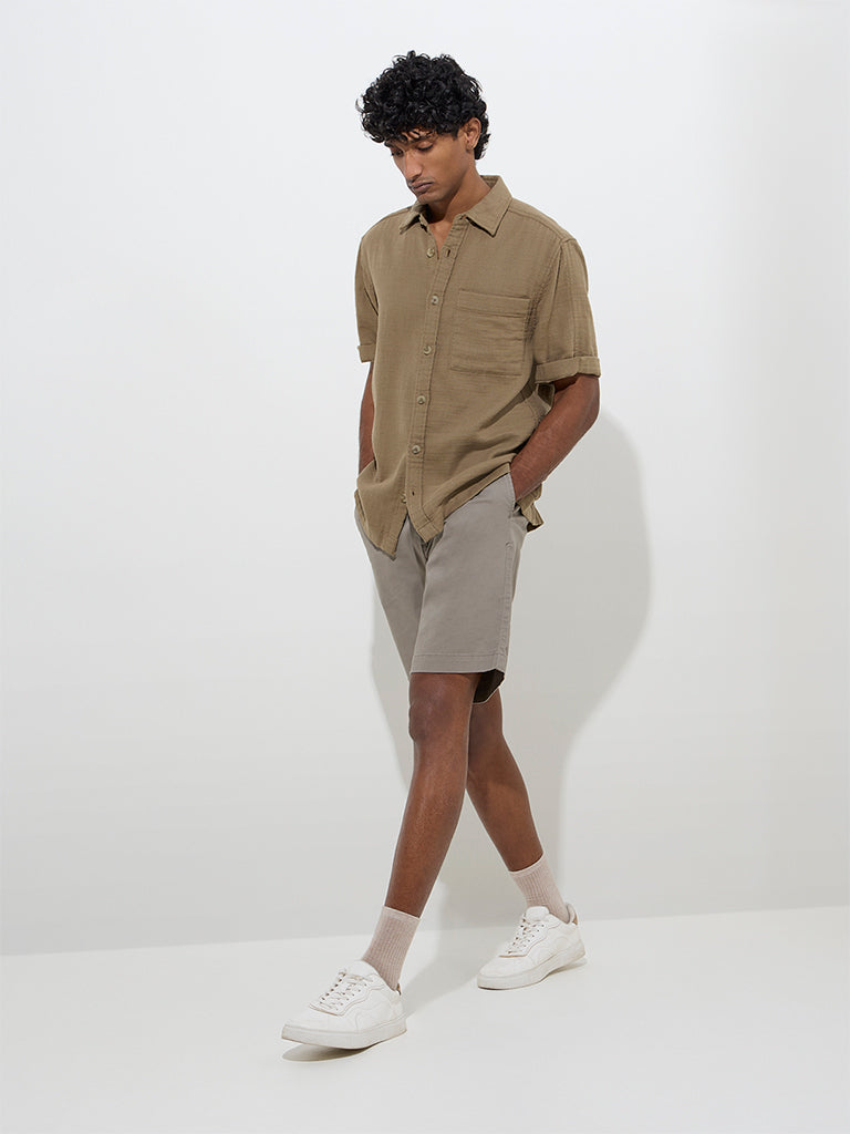 WES Casuals Khaki Solid Relaxed-Fit Cotton Shirt