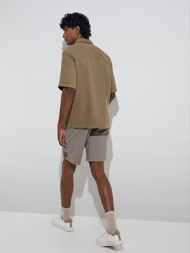 WES Casuals Khaki Solid Relaxed-Fit Cotton Shirt