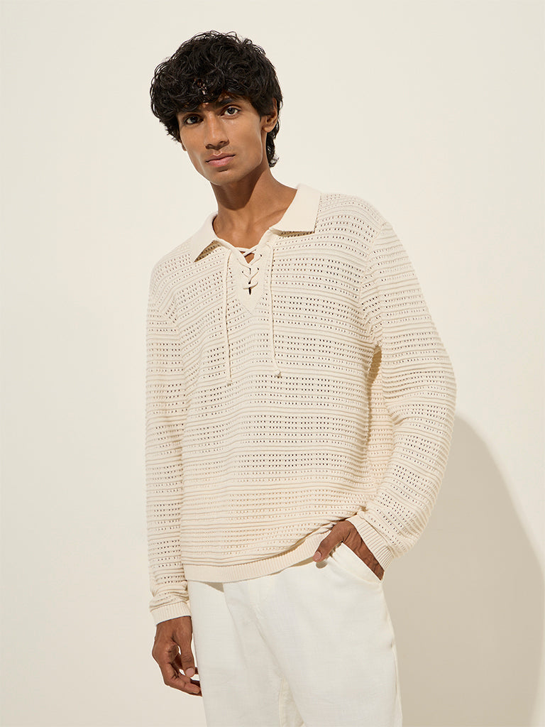 ETA Beige Textured Knit Relaxed-Fit Cotton Polo T-Shirt