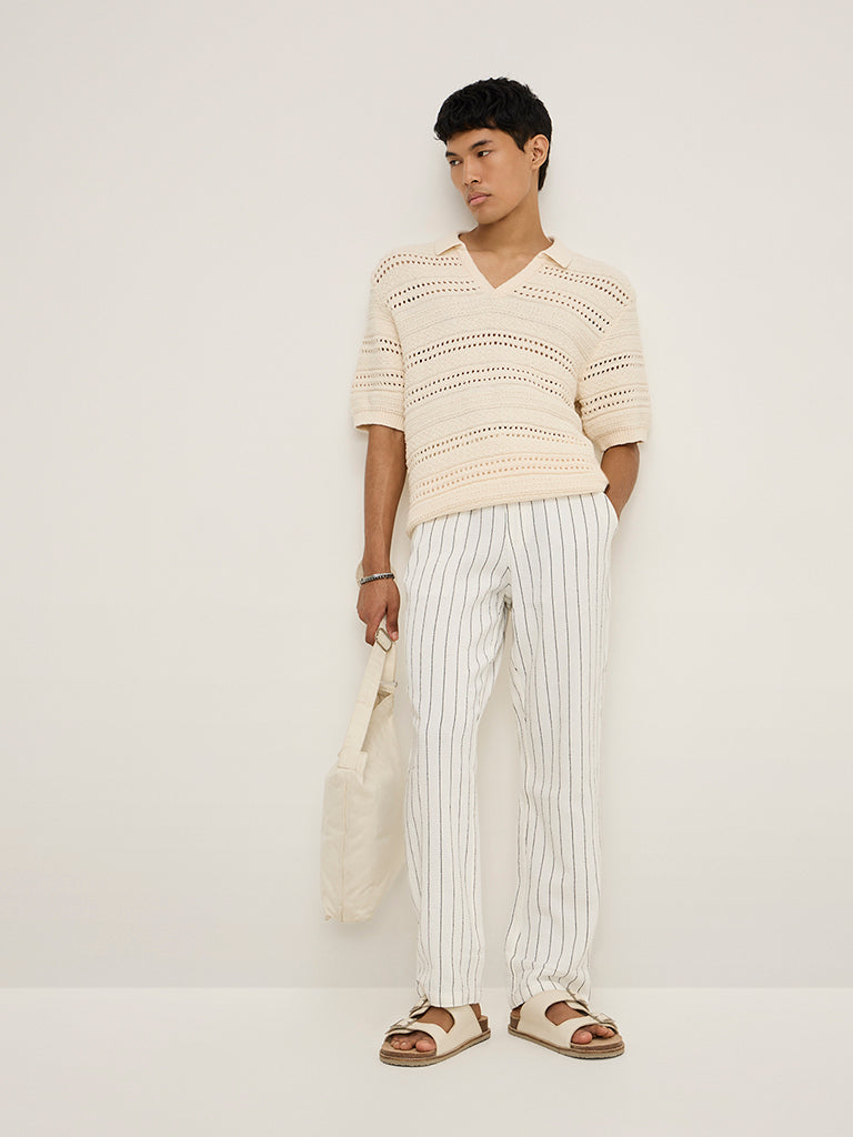 ETA Off-White Pinstriped Relaxed-Fit Mid-Rise Cotton Chinos