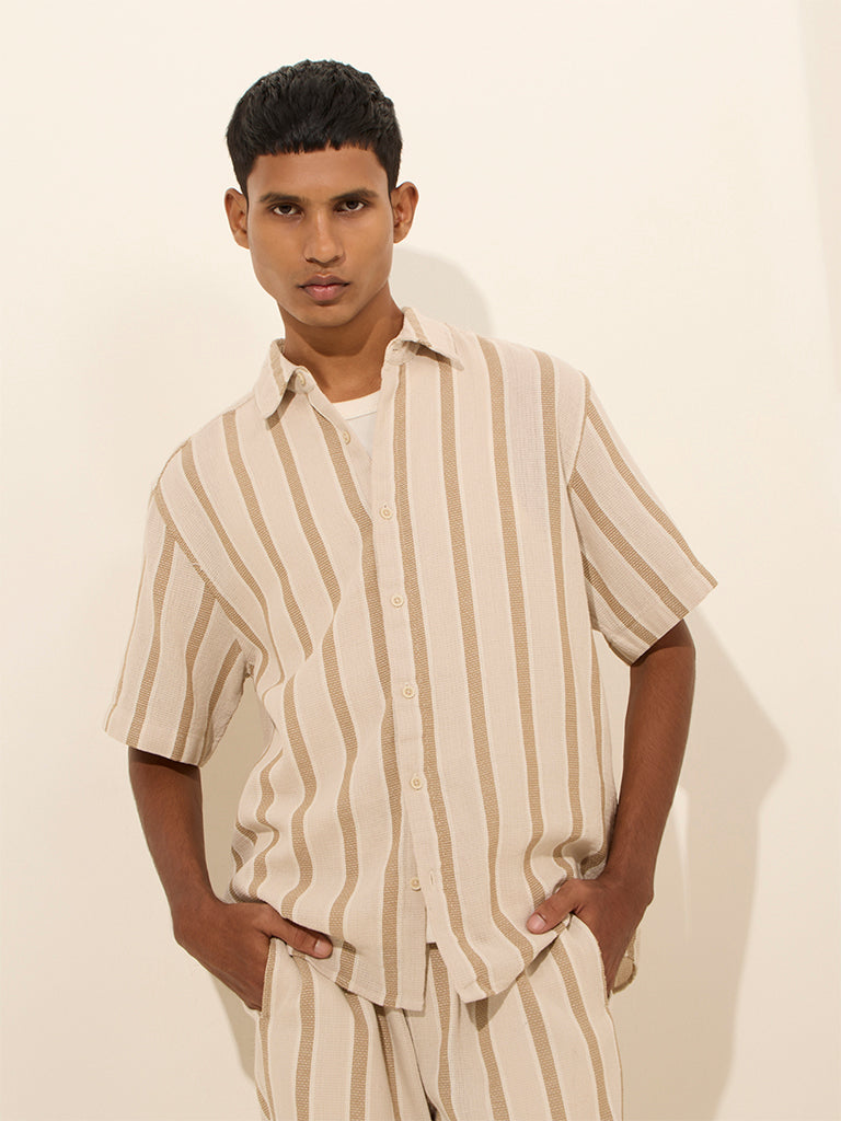 ETA Taupe Striped Pattern Relaxed-Fit Cotton Shirt