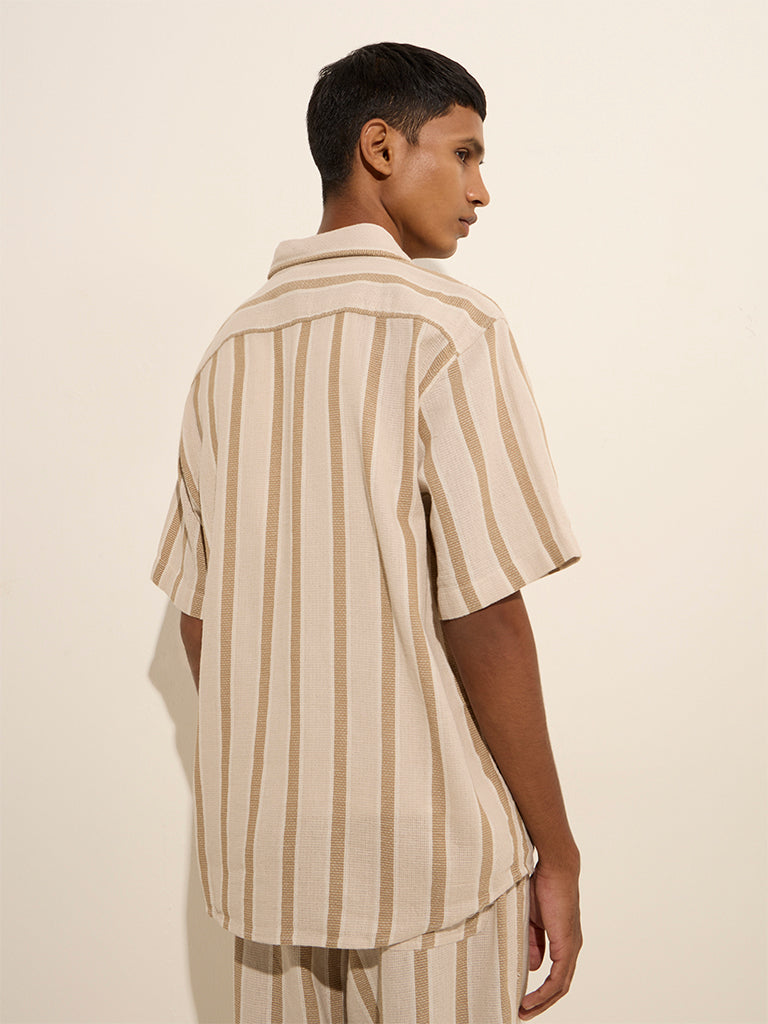 ETA Taupe Striped Pattern Relaxed-Fit Cotton Shirt