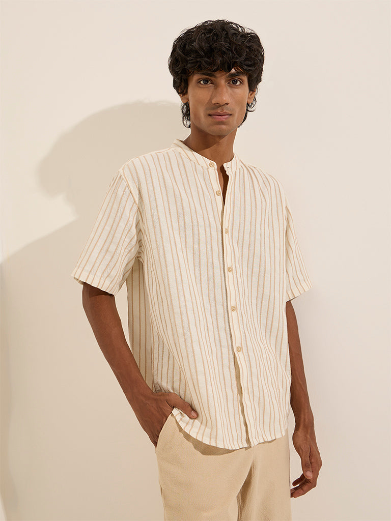 ETA Beige Textured Stripe Relaxed-Fit Cotton-Blend Shirt