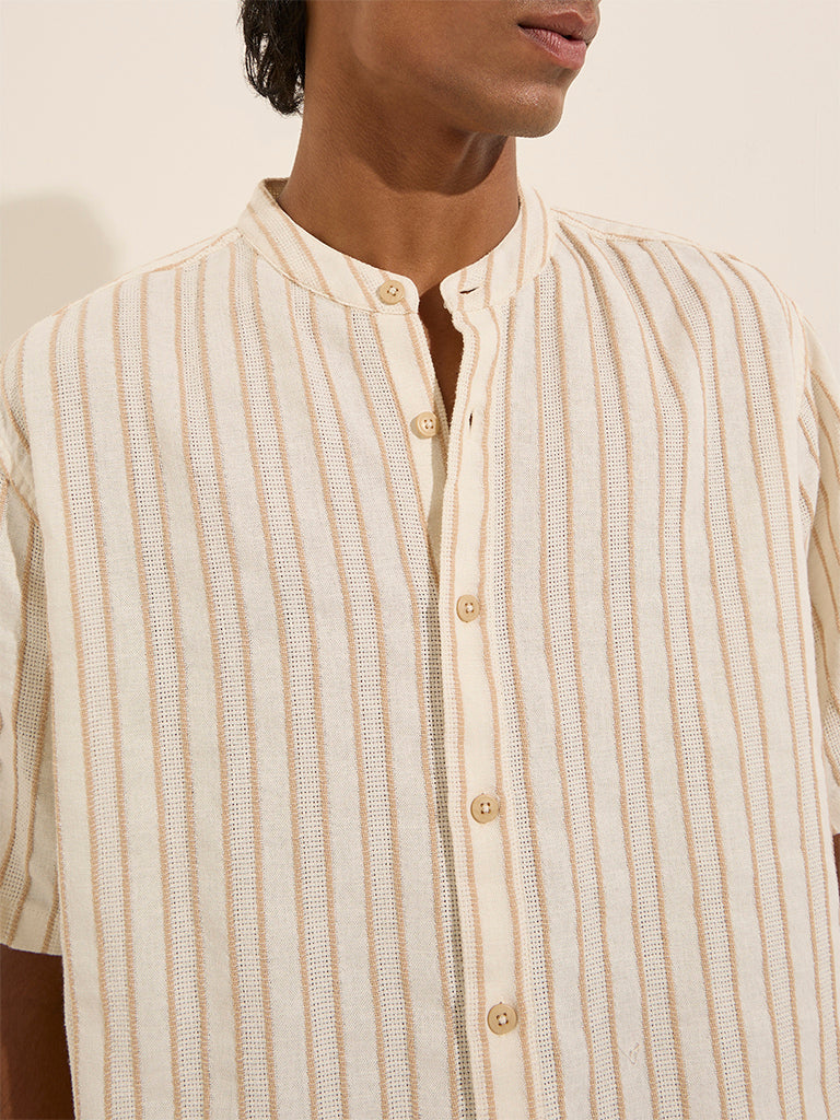 ETA Beige Textured Stripe Relaxed-Fit Cotton-Blend Shirt