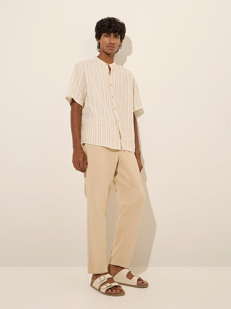 ETA Beige Textured Stripe Relaxed-Fit Cotton-Blend Shirt