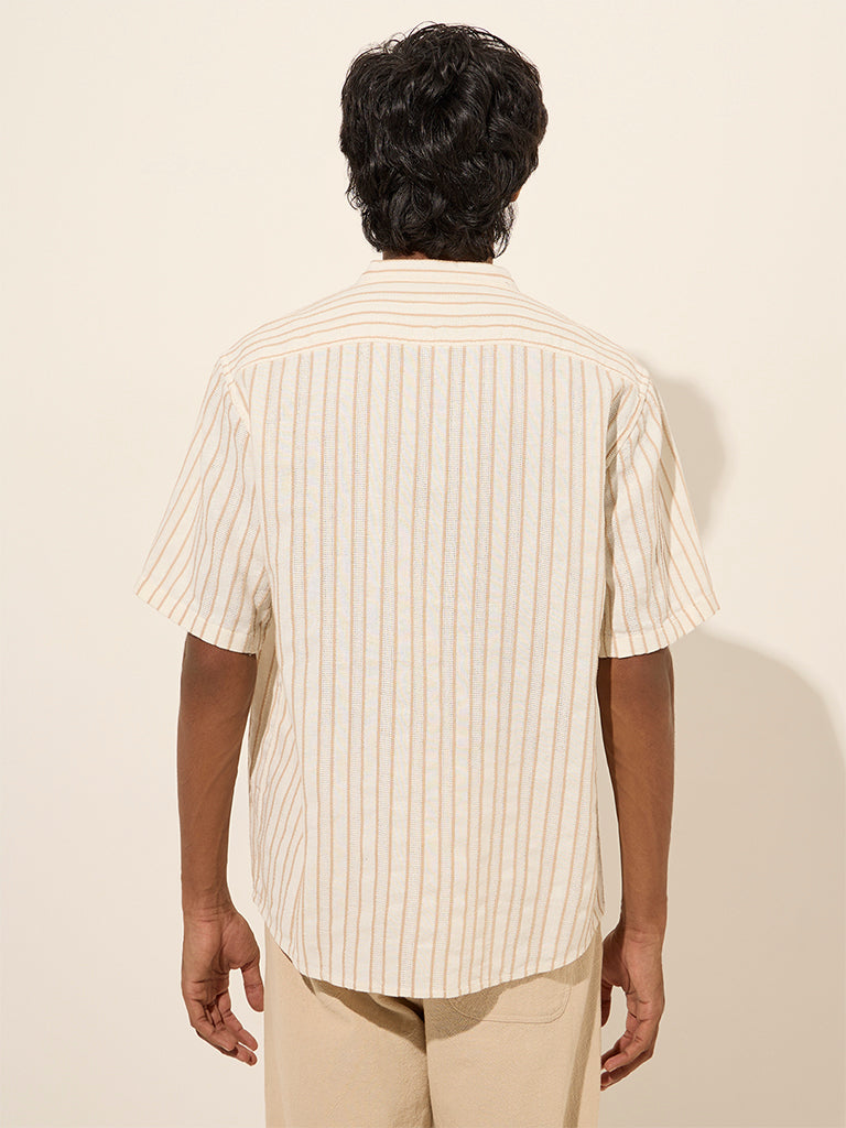 ETA Beige Textured Stripe Relaxed-Fit Cotton-Blend Shirt