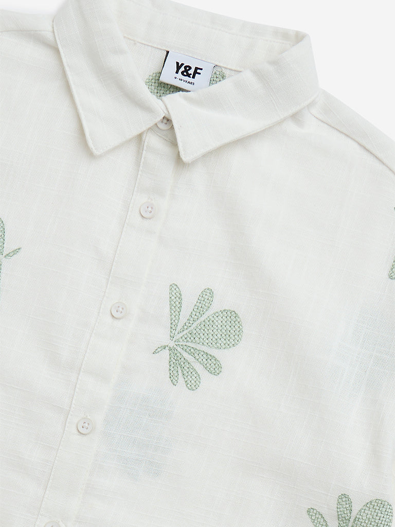 Y&F Kids Off-White Floral Embroidered Cotton Shirt