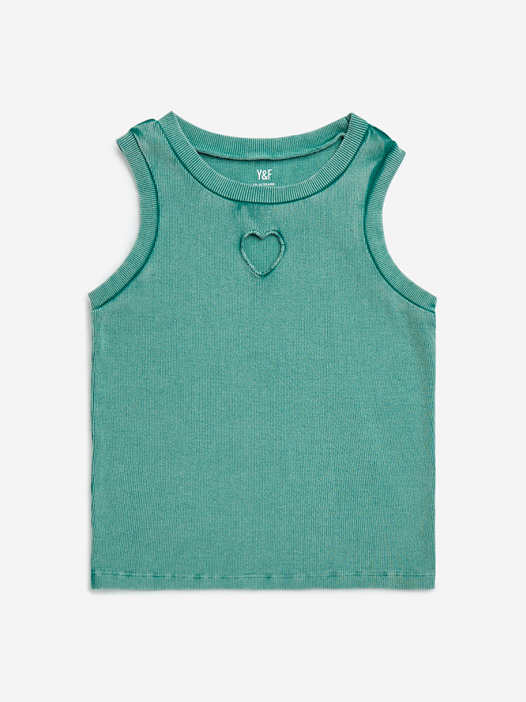 Y&F Kids Green Heart Design Cotton-Blend Tank Top