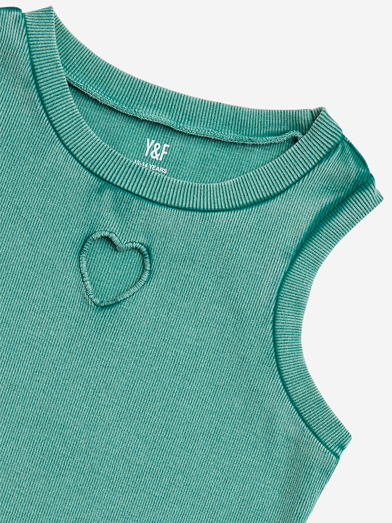 Y&F Kids Green Heart Design Cotton-Blend Tank Top