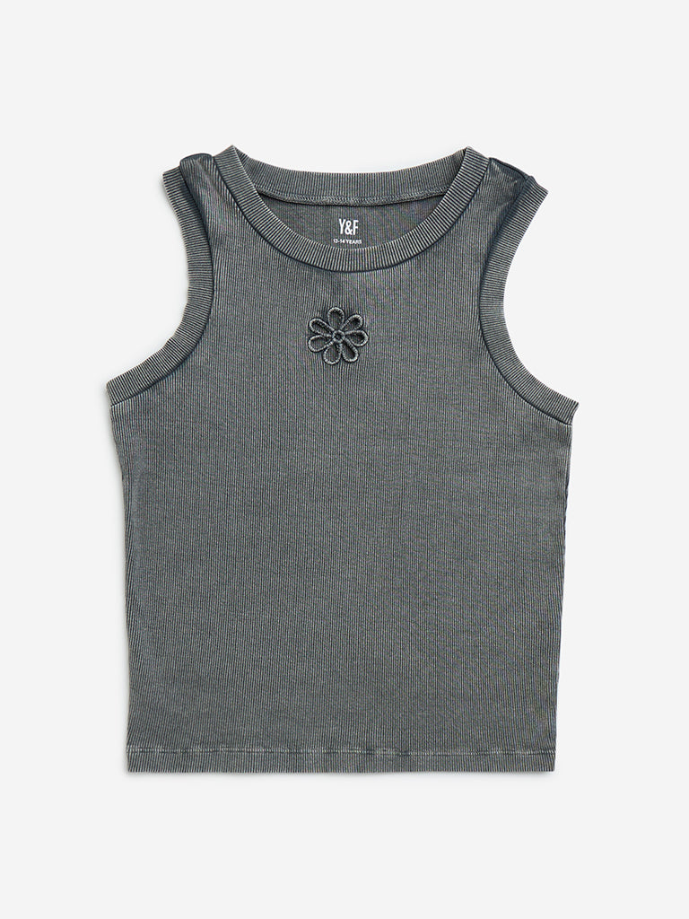 Y&F Kids Charcoal Floral Design Cotton-Blend Tank Top