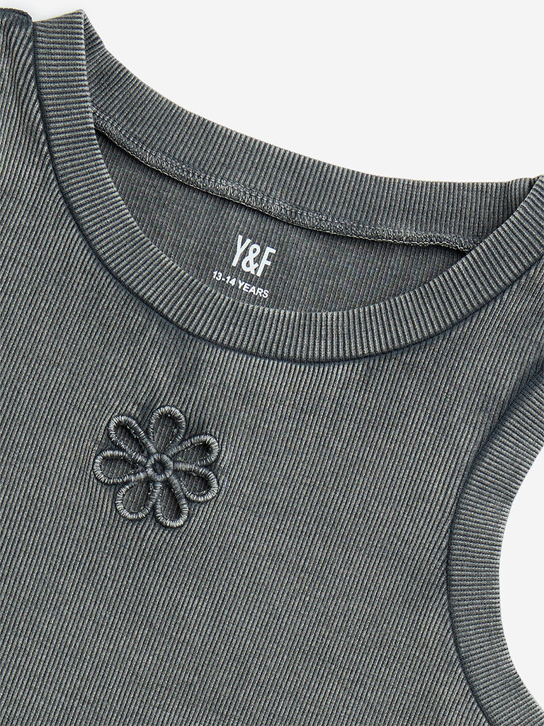 Y&F Kids Charcoal Floral Design Cotton-Blend Tank Top