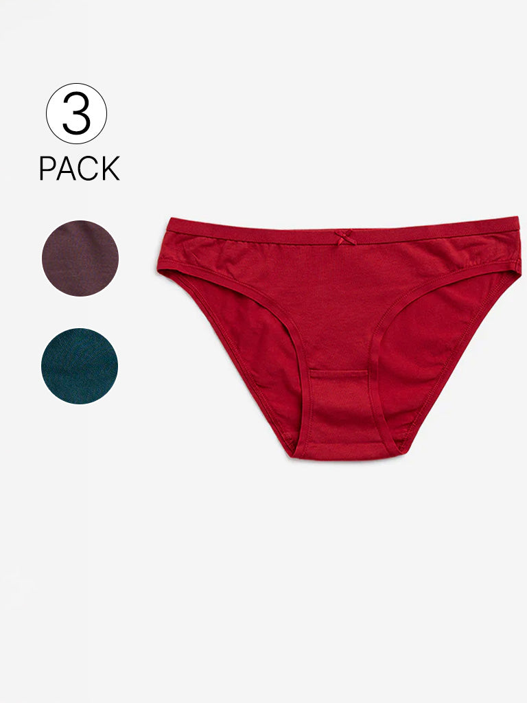 Wunderlove Red Solid Cotton-Blend Bikini Briefs - Pack of 3