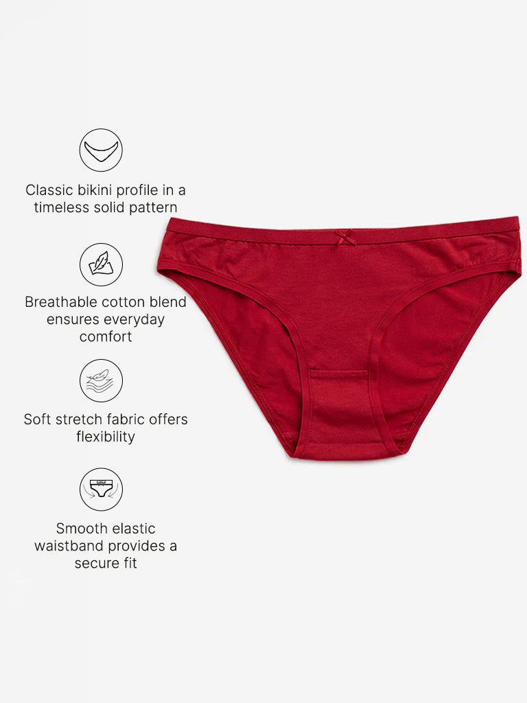 Wunderlove Red Solid Cotton-Blend Bikini Briefs - Pack of 3