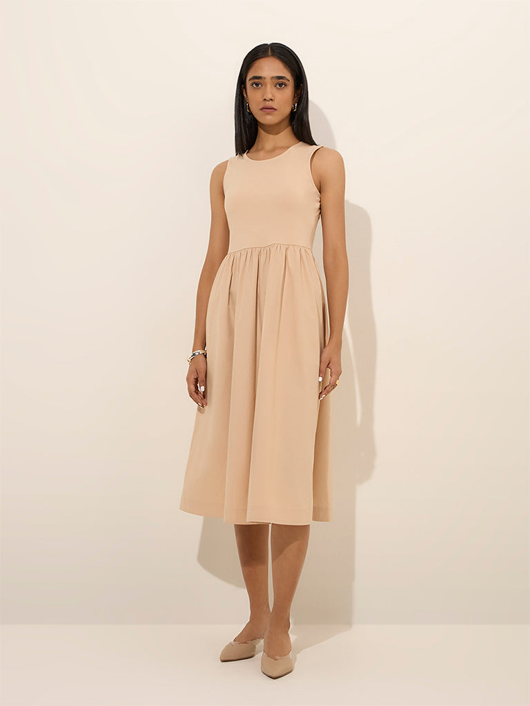 Wardrobe Light Beige Solid A-Line Cotton Dress