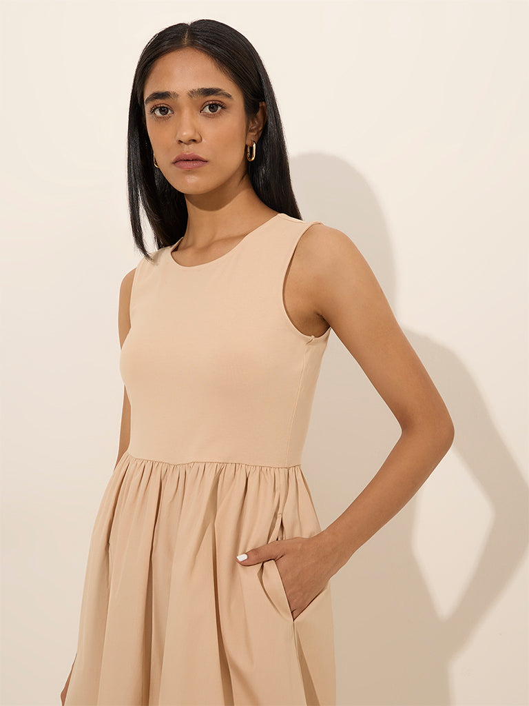 Wardrobe Light Beige Solid A-Line Cotton Dress