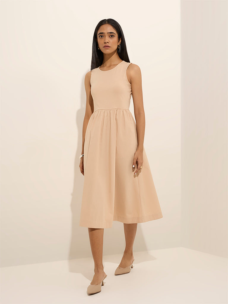 Wardrobe Light Beige Solid A-Line Cotton Dress