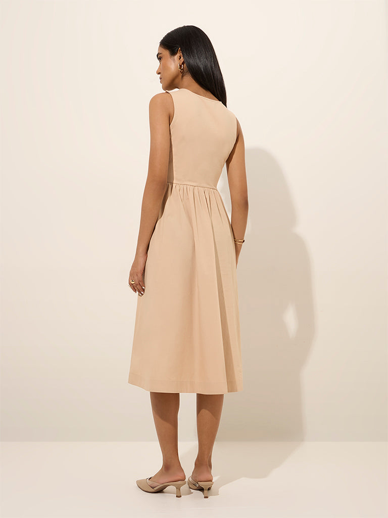 Wardrobe Light Beige Solid A-Line Cotton Dress