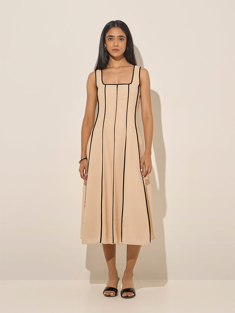 Wardrobe Beige Striped A-Line Dress