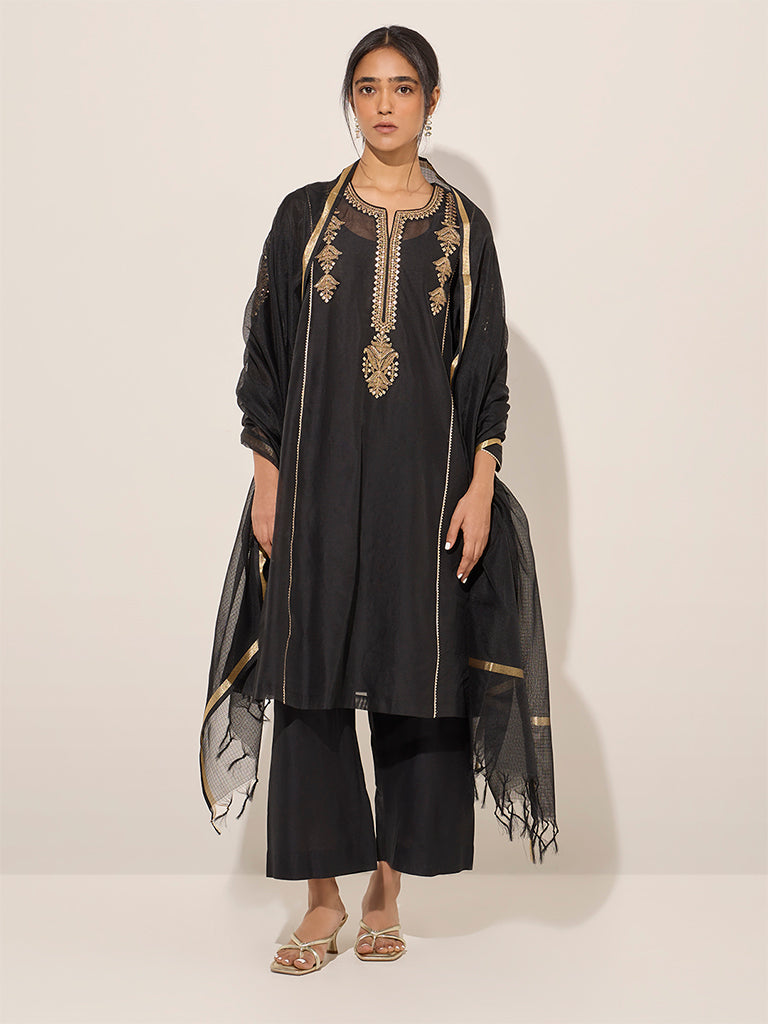 Vark Black A-Line Kurta, Inner, Pants and Dupatta Set