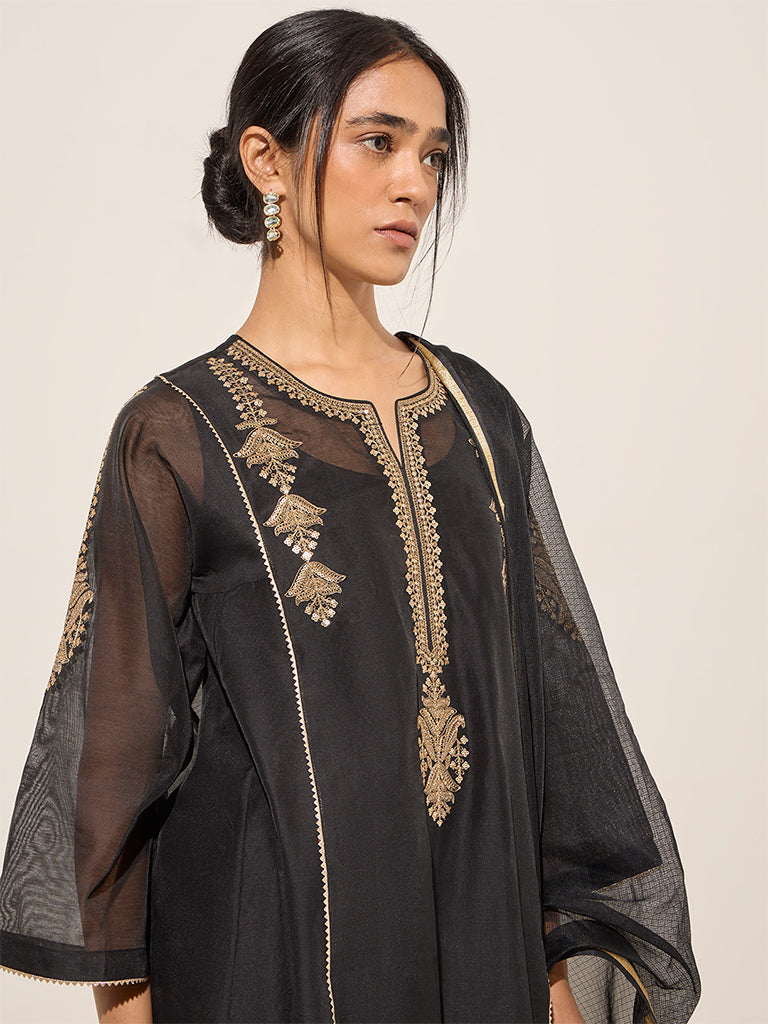 Vark Black A-Line Kurta, Inner, Pants and Dupatta Set