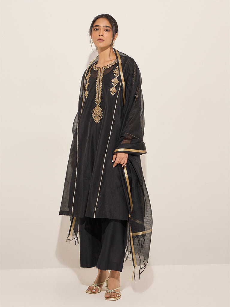 Vark Black A-Line Kurta, Inner, Pants and Dupatta Set