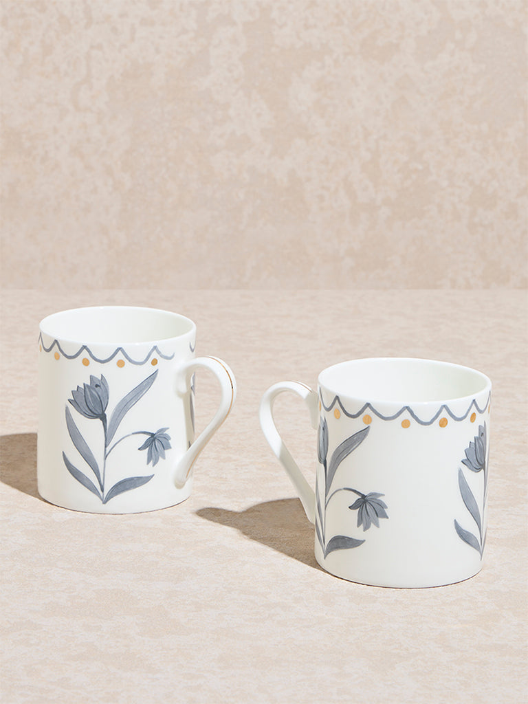 Westside Home Grey Floral Design Mugs (Set of 2)