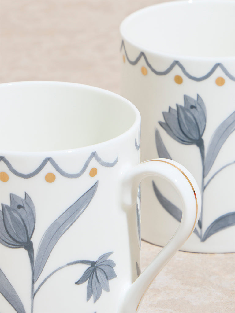 Westside Home Grey Floral Design Mugs (Set of 2)