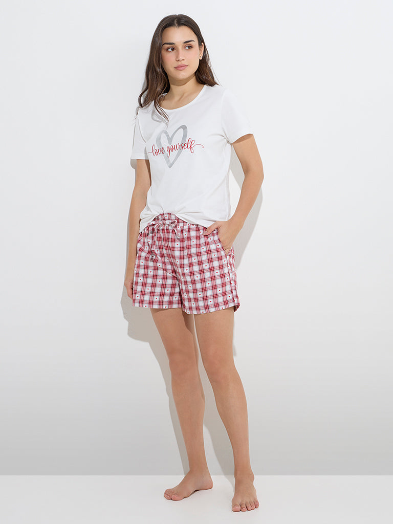 Wunderlove Red Checkered High-Rise Cotton Shorts