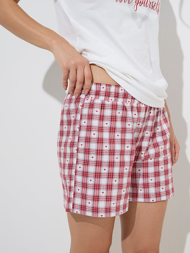 Wunderlove Red Checkered High-Rise Cotton Shorts