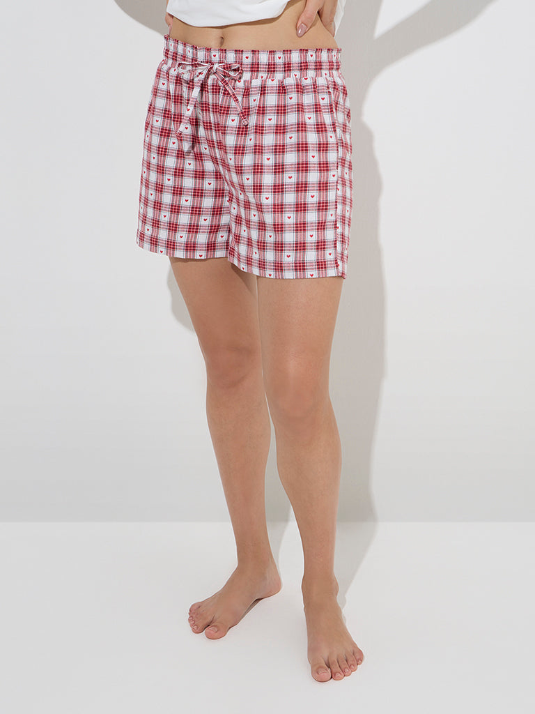 Wunderlove Red Checkered High-Rise Cotton Shorts