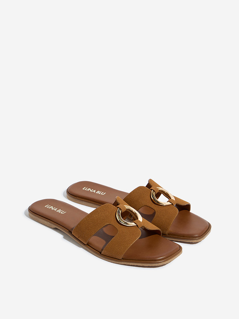 LUNA BLU Tan Cut-Out Detailed Buckled Slides