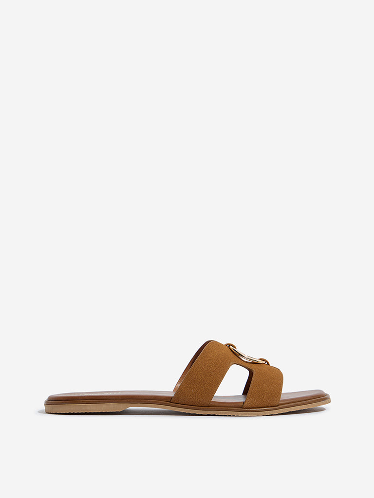 LUNA BLU Tan Cut-Out Detailed Buckled Slides