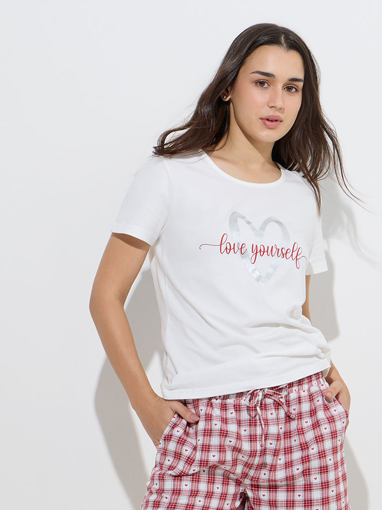 Wunderlove White Text Printed Cotton T-Shirt