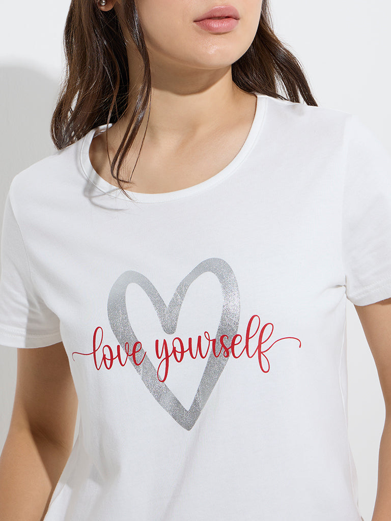 Wunderlove White Text Printed Cotton T-Shirt